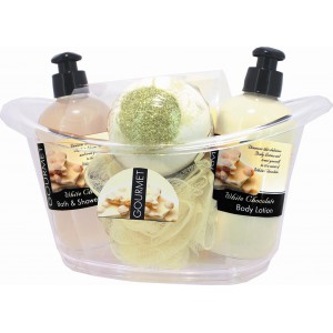 Baignoire avec produits pour le bain chocolat blanc