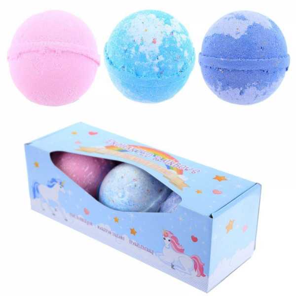 Coffret de trois bombes de bain licorne arc-en-ciel